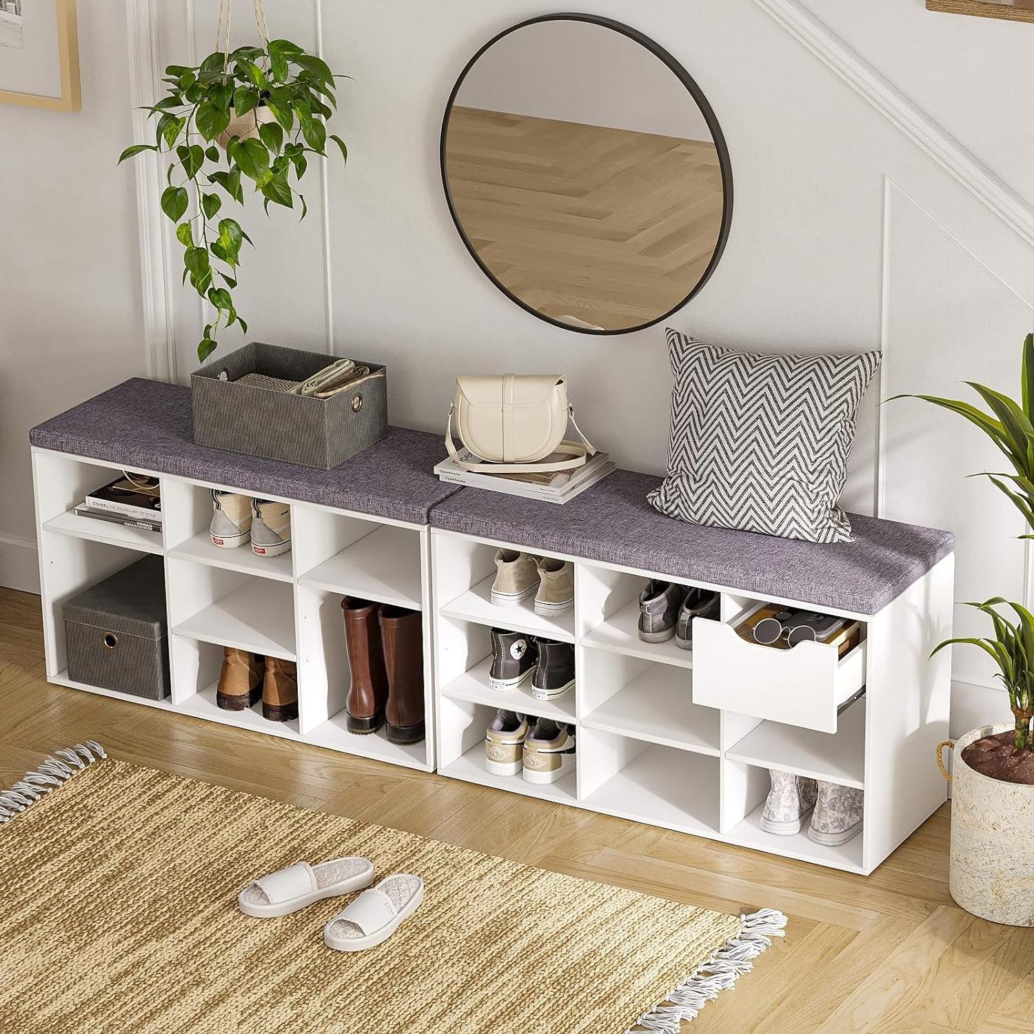 Modern Living Room Shoe Storage Bench with Cushion Adjustable Shelves Rack Entryway Multifunctional Shoe Organizer Bench