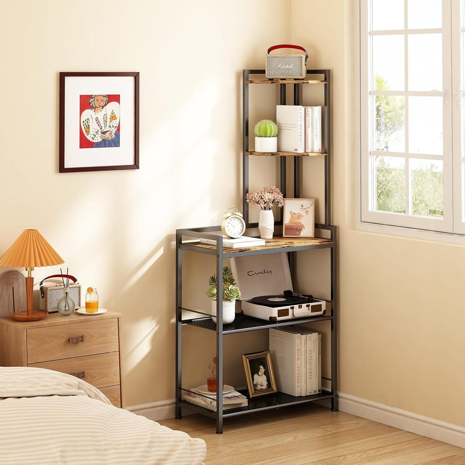 Modern 5 Tier Corner Shelf Stand Freestanding Corner Shelf Unit Bookshelf Tall Storage Organizer Rack for Living Room Bedroom