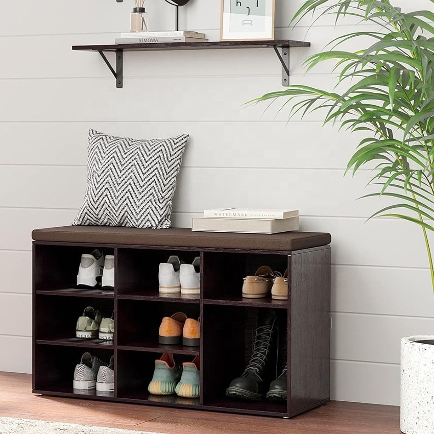 European Modern Best Choice Wood Wooden Shoe Storage Bench with Cushion Adjustable Shelves Shoe Bench 3-Tier Shoe Rack Bench