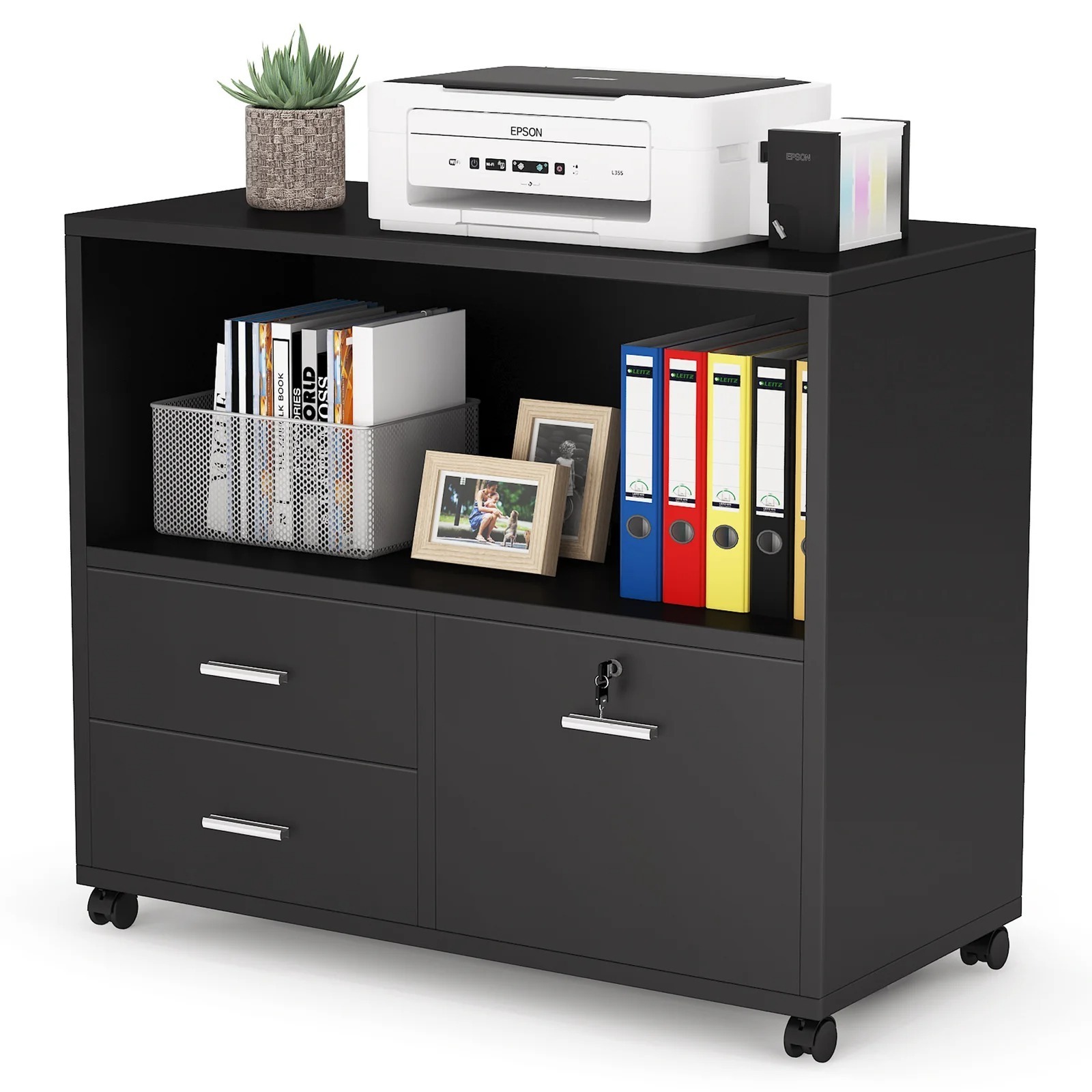 Modern Wooden Mobile File Cabinet with Locking Drawers Open Short Storage Cabinet with Rollers for Home Office Studio