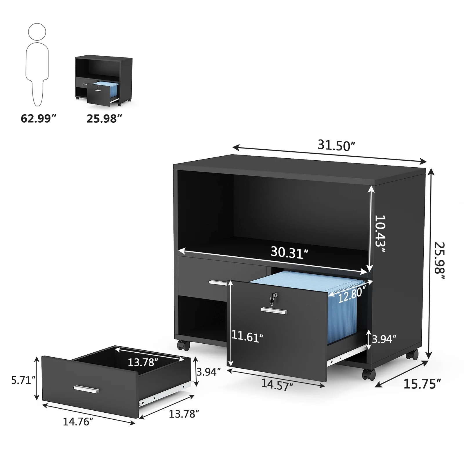 Modern Wooden Mobile File Cabinet with Locking Drawers Open Short Storage Cabinet with Rollers for Home Office Studio