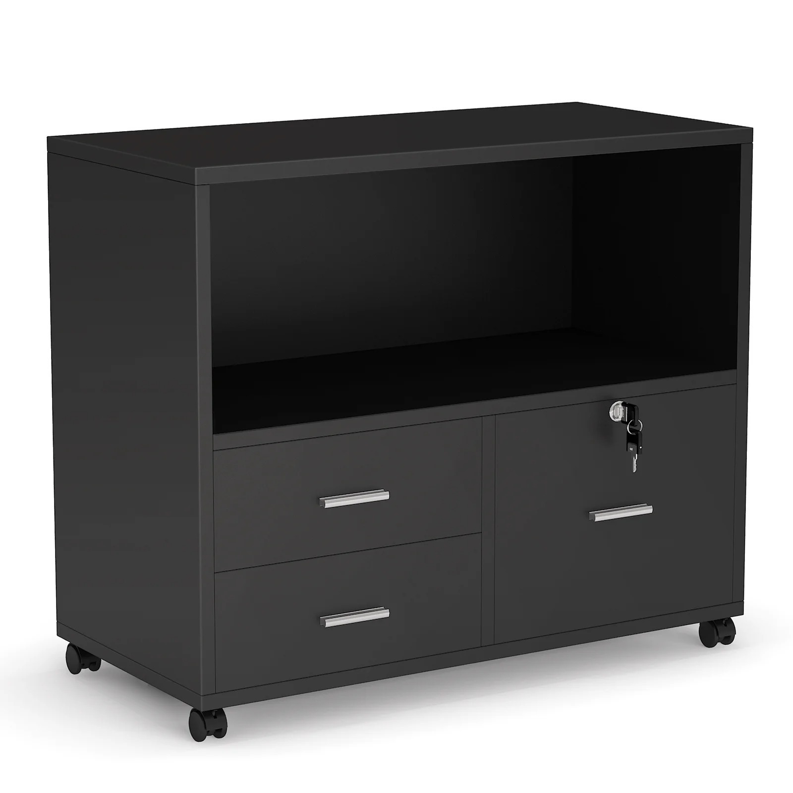 Modern Wooden Mobile File Cabinet with Locking Drawers Open Short Storage Cabinet with Rollers for Home Office Studio