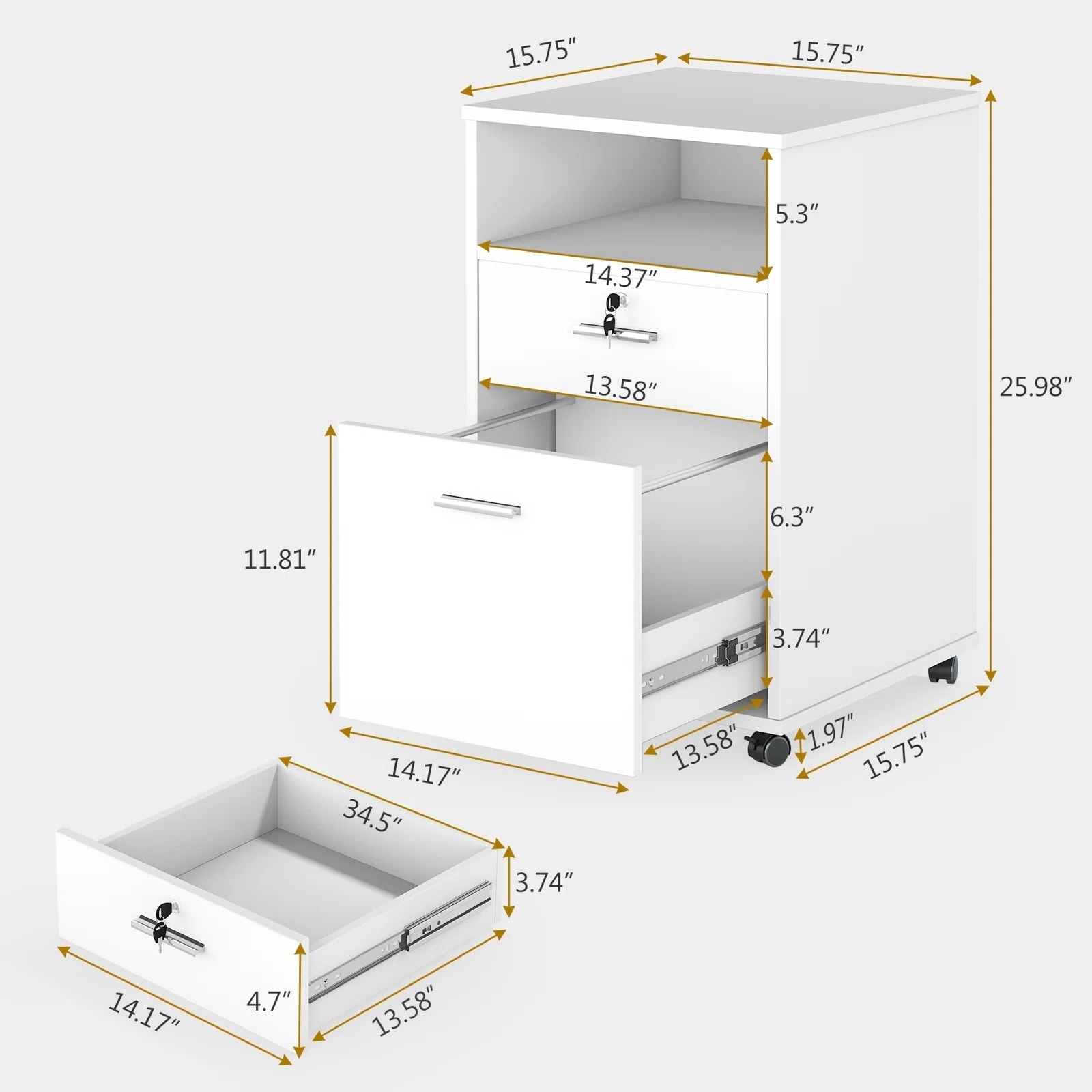 Modern Office Furniture White Wooden Rolling Removable Locking Drawer File Cabinet with Printer Shelf for Home Office