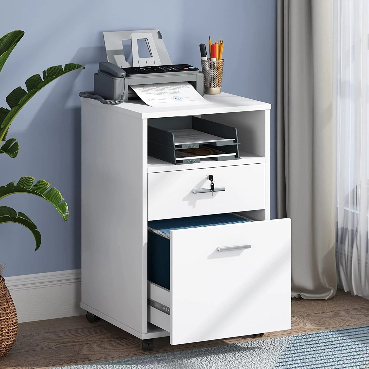 Modern Office Furniture White Wooden Rolling Removable Locking Drawer File Cabinet with Printer Shelf for Home Office