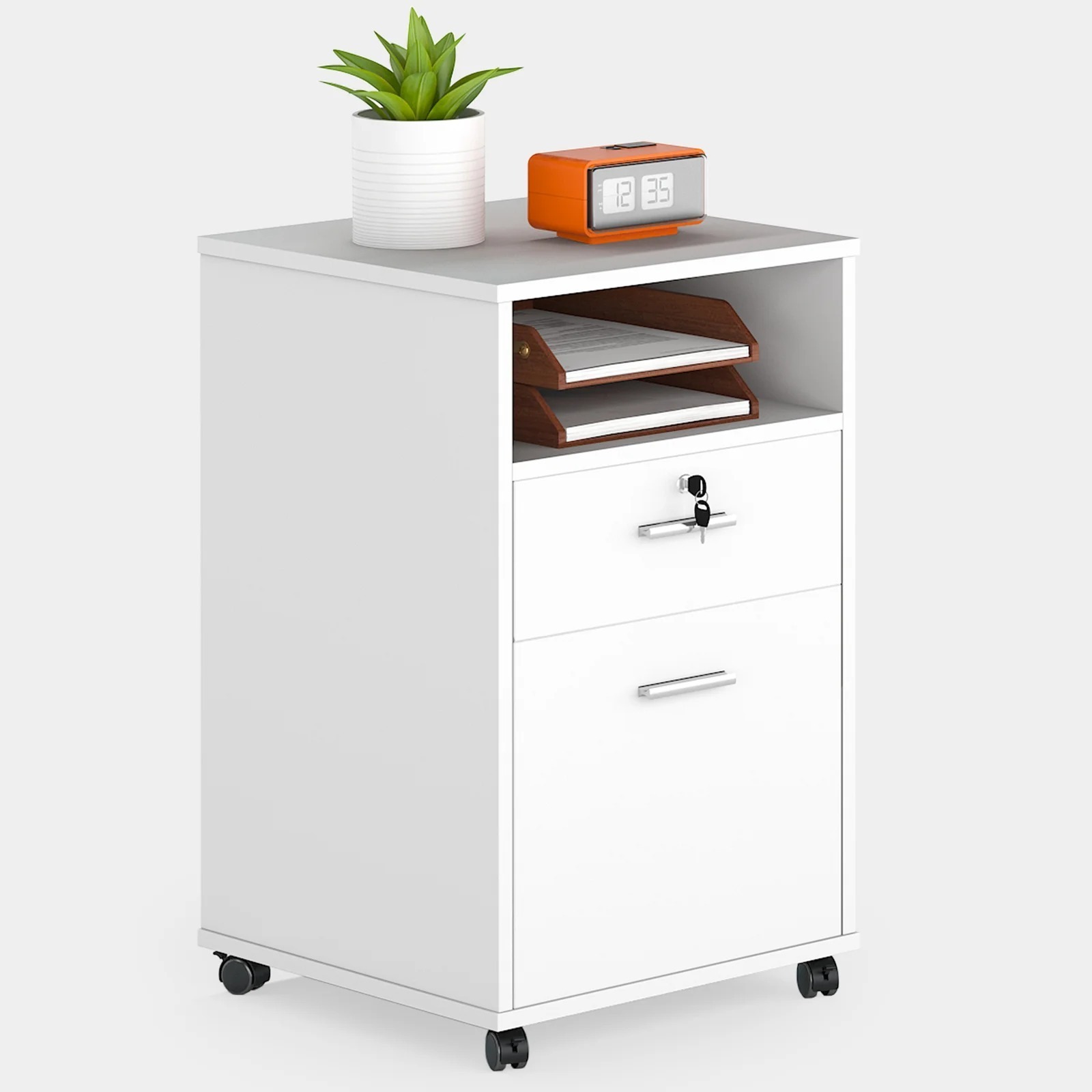 Modern Office Furniture White Wooden Rolling Removable Locking Drawer File Cabinet with Printer Shelf for Home Office