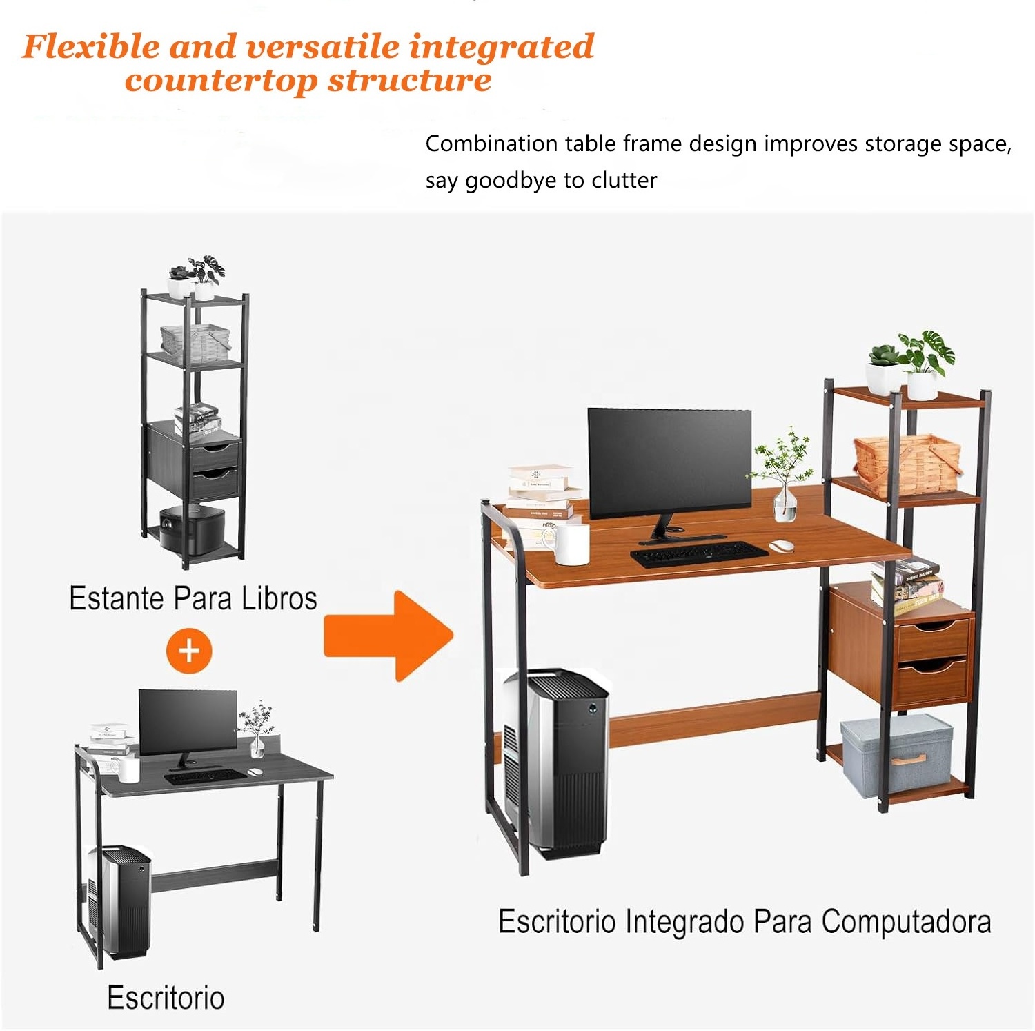 Modern Style Wooden Computer Desk Modular Home Office Study Desk with 2 Drawers and 4 Shelves for Villa Staircase Use