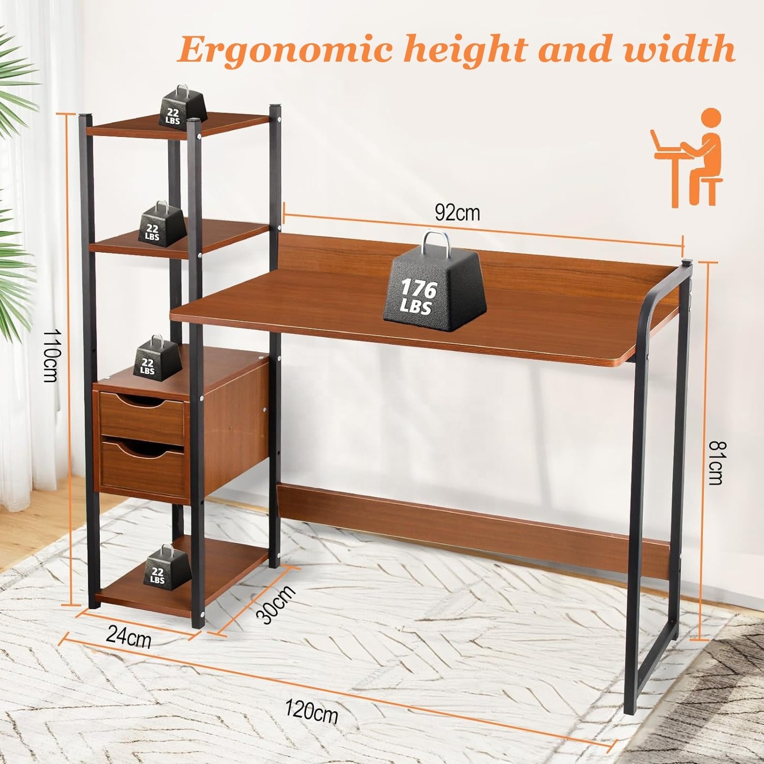 Modern Style Wooden Computer Desk Modular Home Office Study Desk with 2 Drawers and 4 Shelves for Villa Staircase Use