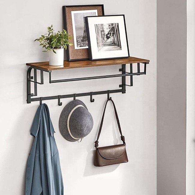 Entryway Bedroom Wall Mounted Coat Rack with Storage Shelf Wall Shelf with 5 Removable Hooks Hanging Shelf with Rod