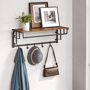 Entryway Bedroom Wall Mounted Coat Rack with Storage Shelf Wall Shelf with 5 Removable Hooks Hanging Shelf with Rod