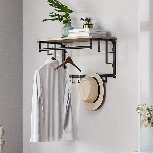 Entryway Bedroom Wall Mounted Coat Rack with Storage Shelf Wall Shelf with 5 Removable Hooks Hanging Shelf with Rod