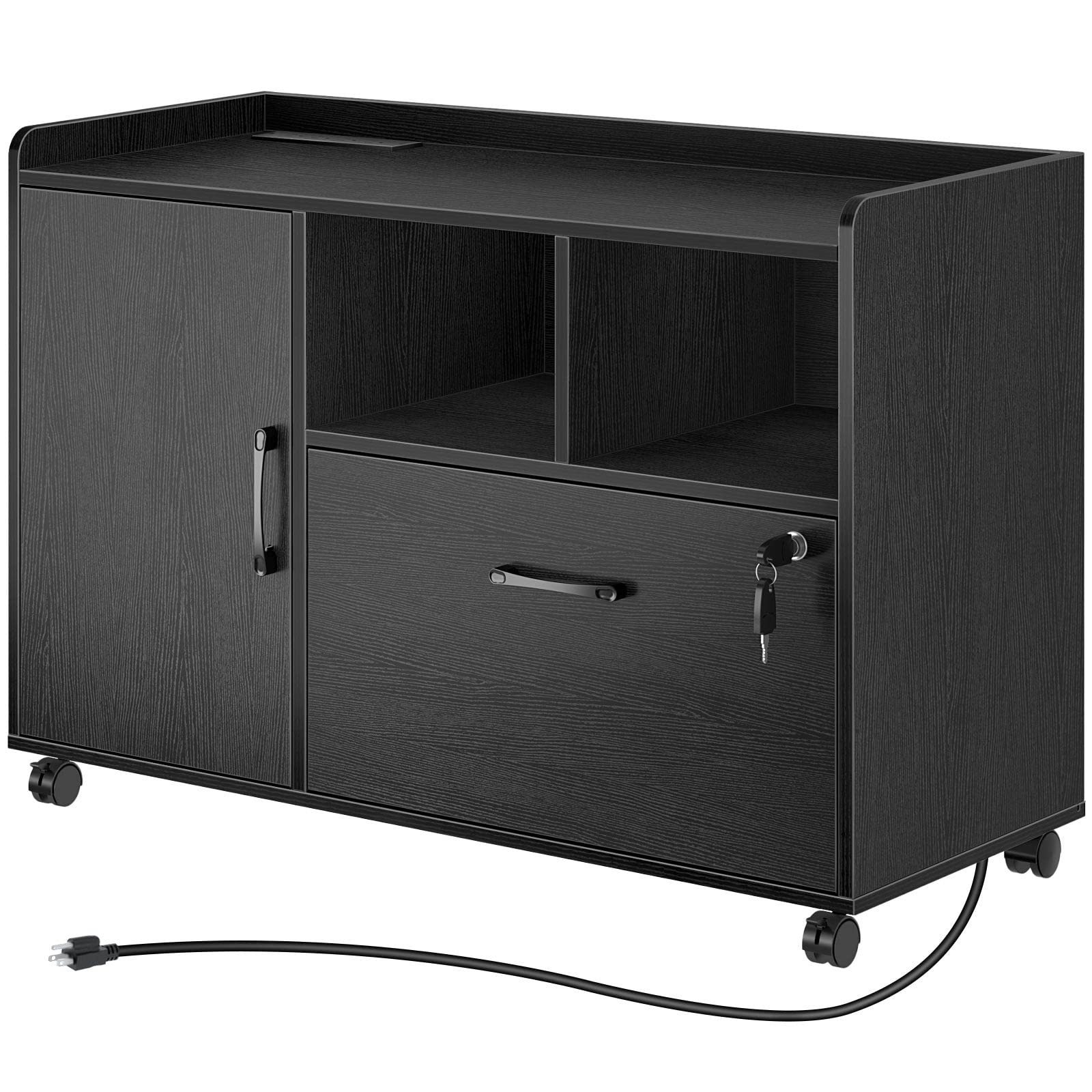 Modern Rectangular Wooden Filing Cabinet with Rolling Wheels Mobile Printer Shelf with Power Socket Locking Drawer for Office