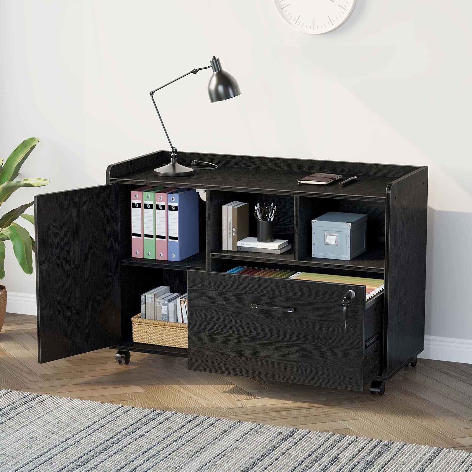 Modern Rectangular Wooden Filing Cabinet with Rolling Wheels Mobile Printer Shelf with Power Socket Locking Drawer for Office