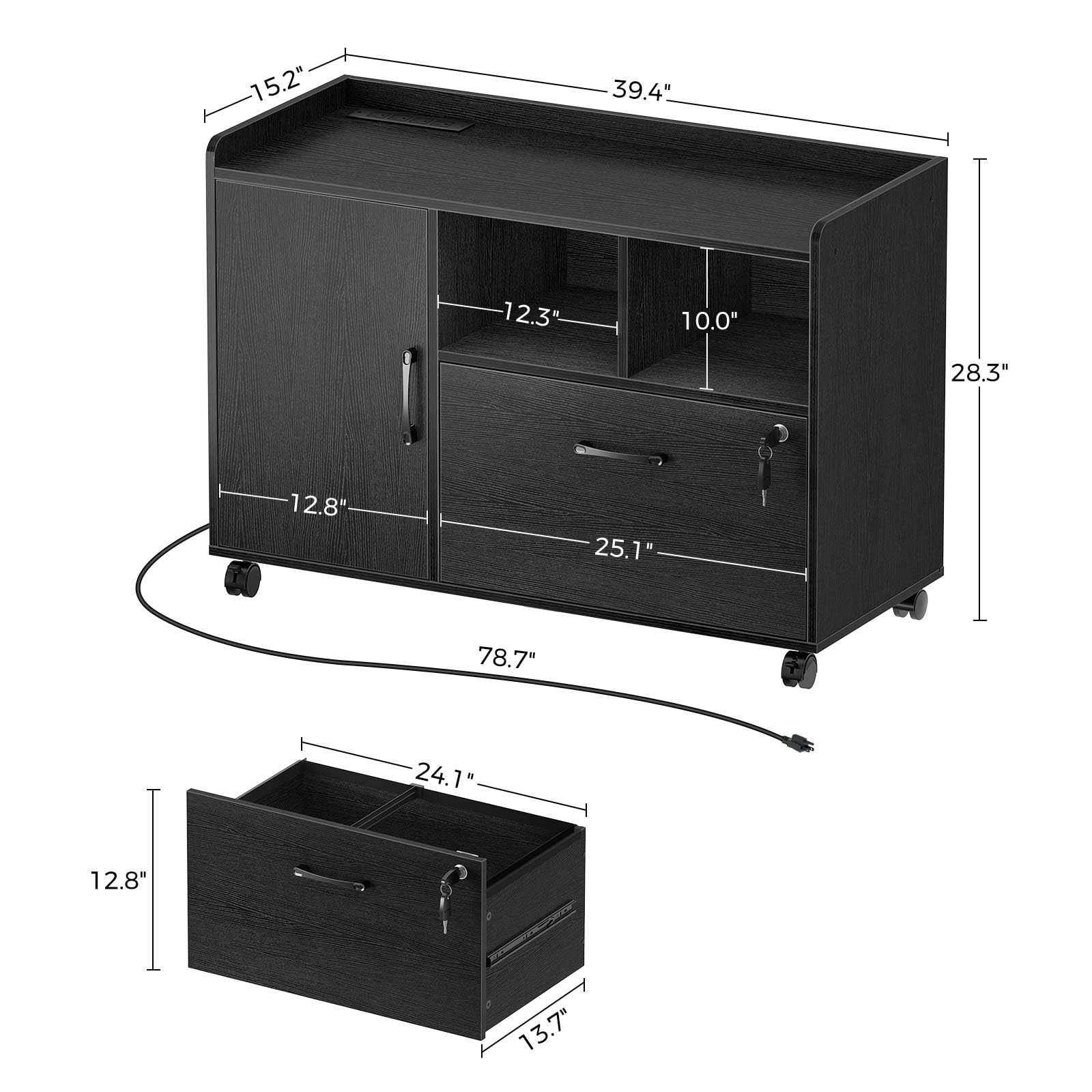 Modern Rectangular Wooden Filing Cabinet with Rolling Wheels Mobile Printer Shelf with Power Socket Locking Drawer for Office