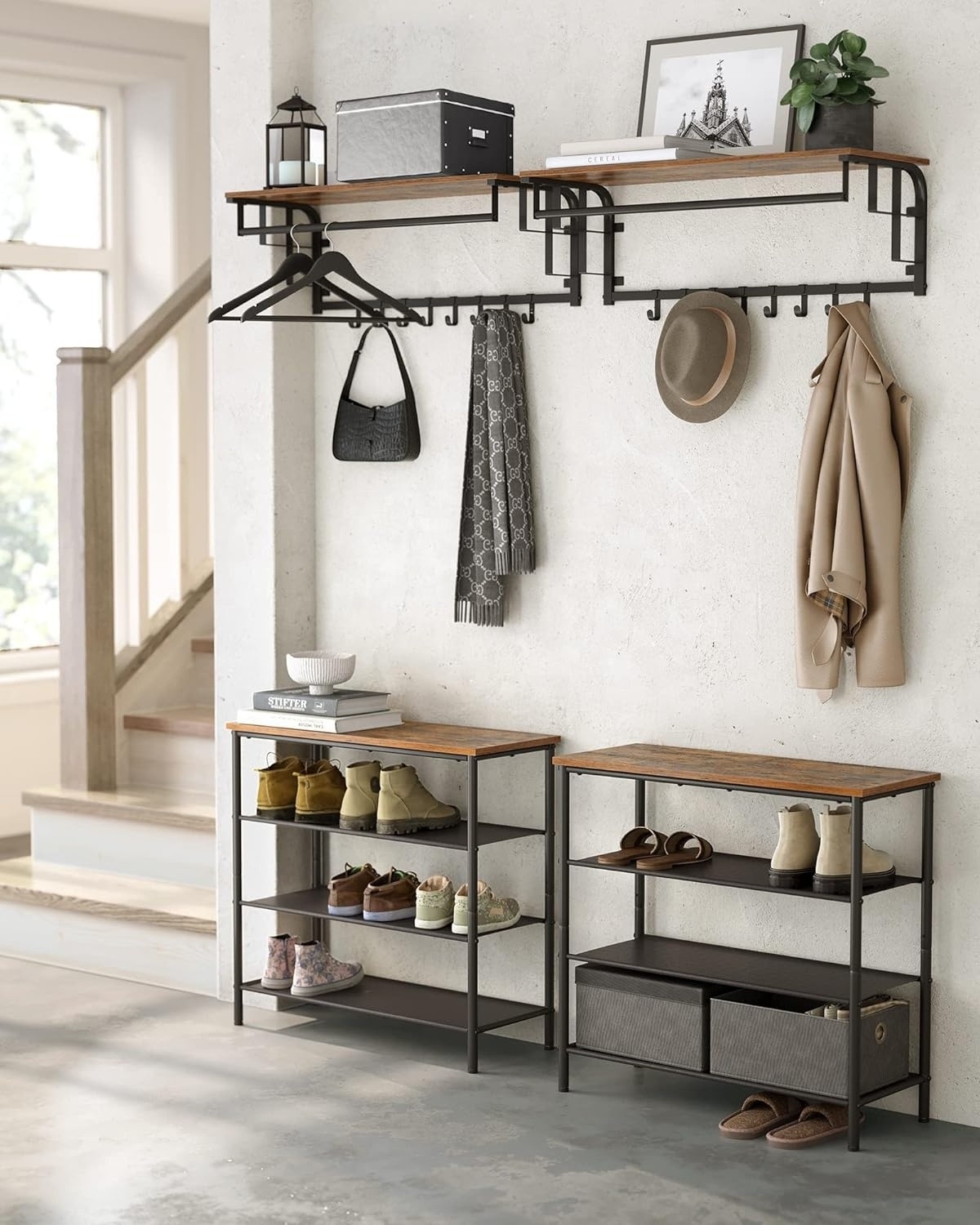 Wall-Mounted Coat Rack with Storage Shelf for Laundry Hall Hotel Gym Entryway Bedroom Wall Shelf with 5 Removable Hooks