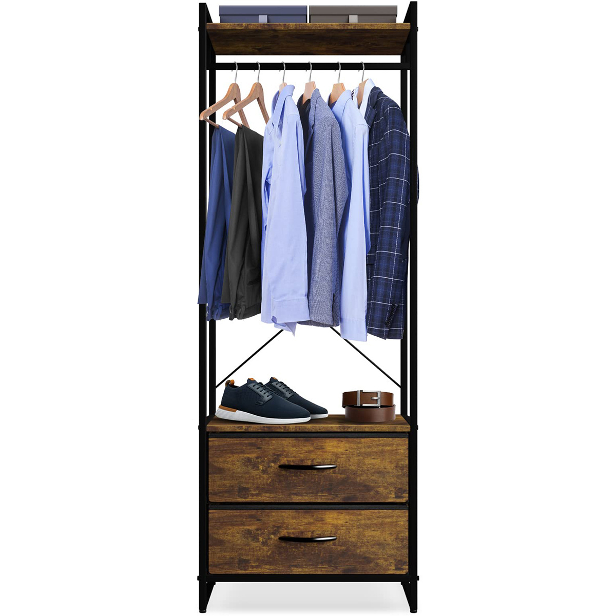 Modern Home Furniture Floor Standing Clothing Rack with Drawers Steel Wood Tall Clothes Stand Dresser with Shelves