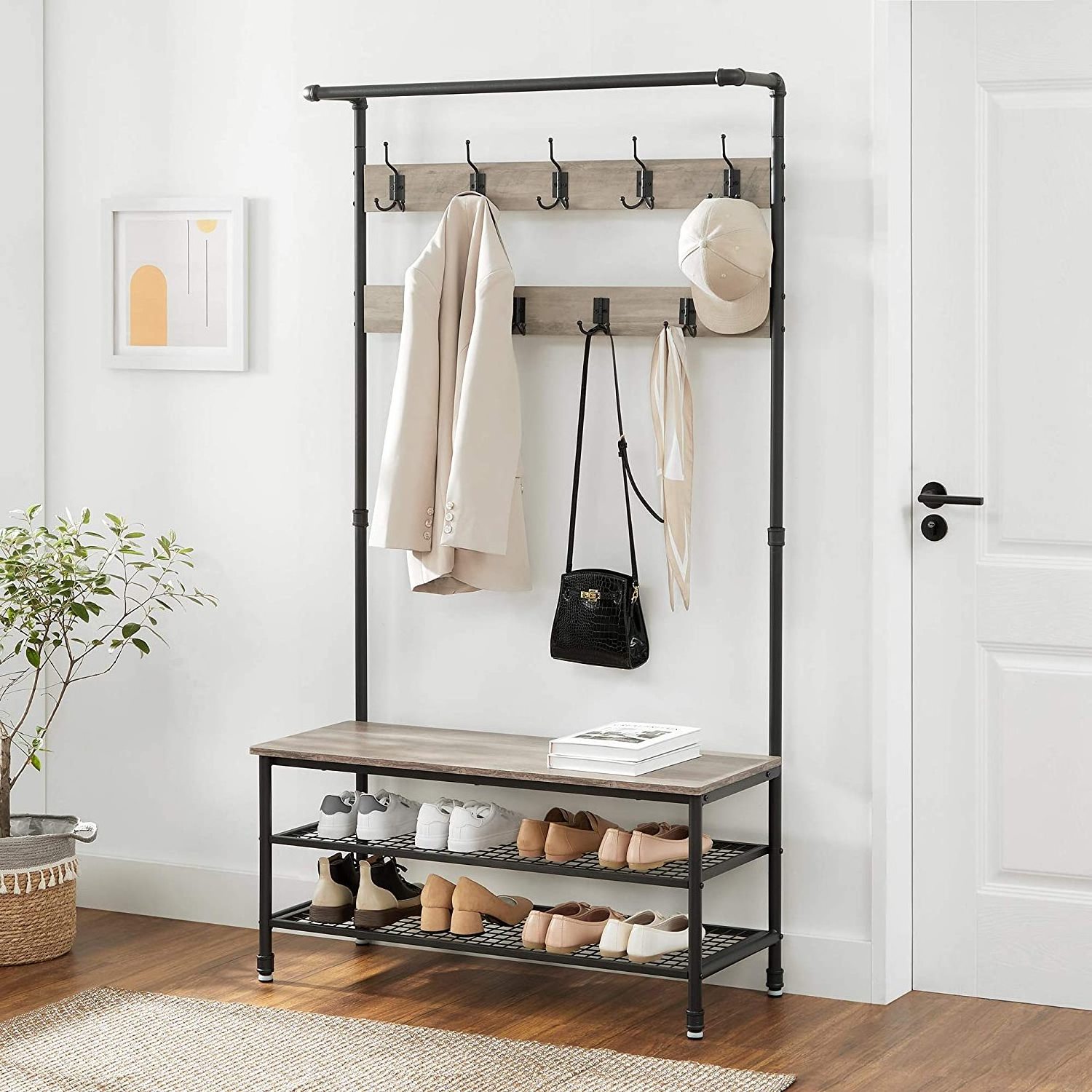 Multifunctional 3-Tier Metal Shoe Rack Stand Coat Hanger and Bench for Entryway Hall or Bathroom Use