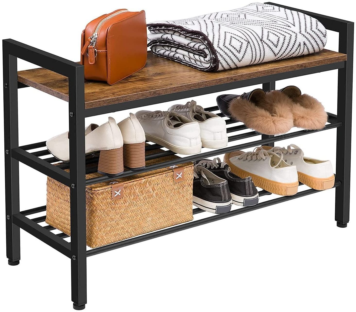 Manufacture High Quality Living Room Furniture Metal Shoe Rack With Wood Frame For Home Metal Storage Rack Shoe Holder