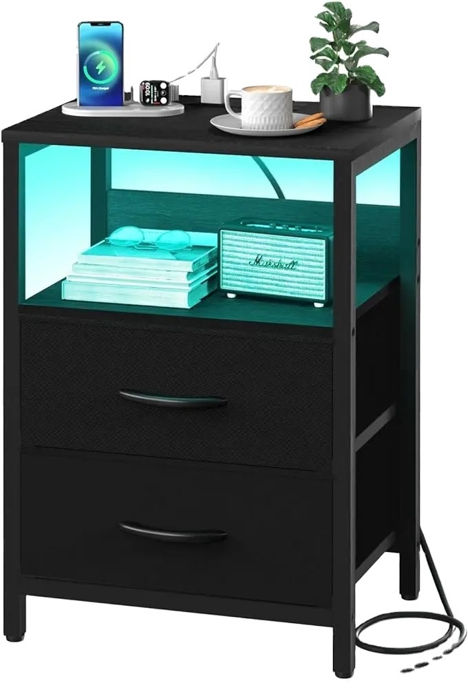 Wood bedroom Open Shelf Drawers Smart LED Nightstand with Charging Post with Fabric Drawers smart bedside table