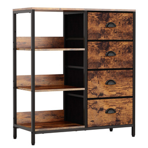 Industrial Fabric Dresser with 4 Drawers Side Shelf Lightweight Storage Unit Organizer for Entryway Bedroom Nightstand