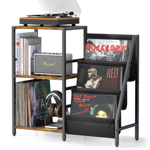 Rustic Home Living Room Furniture Steel Wood Vinyl Record Player Table Record Storage Shelf Magazine Racks Record Player Stand