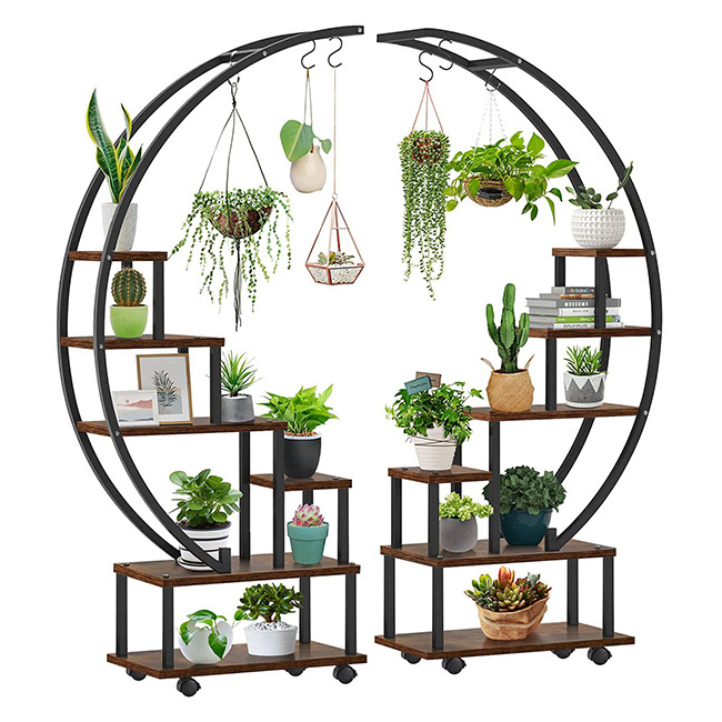 Half Moon Shaped Ladder Plant Shelf Living Room 2 pcs 6 Tier Tall Metal Indoor Plant Stands with Hanging Loop Plant Stand