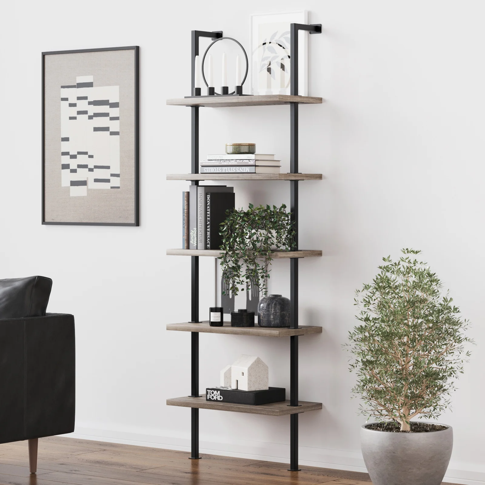 Hot selling modern 5-Shelf Oak Wood Modern Bookcase Open Wall Mount Ladder Bookshelf with Industrial Black Metal Frame