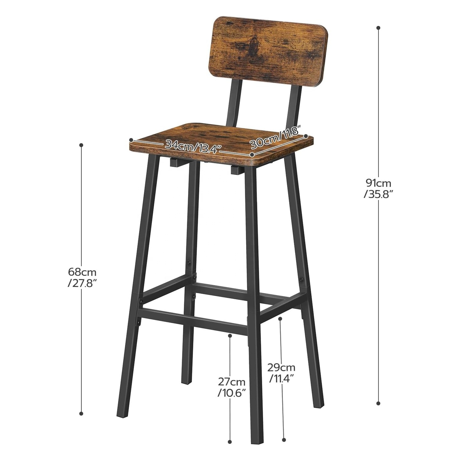 Industrial Style Bar Stools Barstool Set of 2 Bar Chair with Backrest Footrests Dining Room Kitchen Dinning Table Chairs