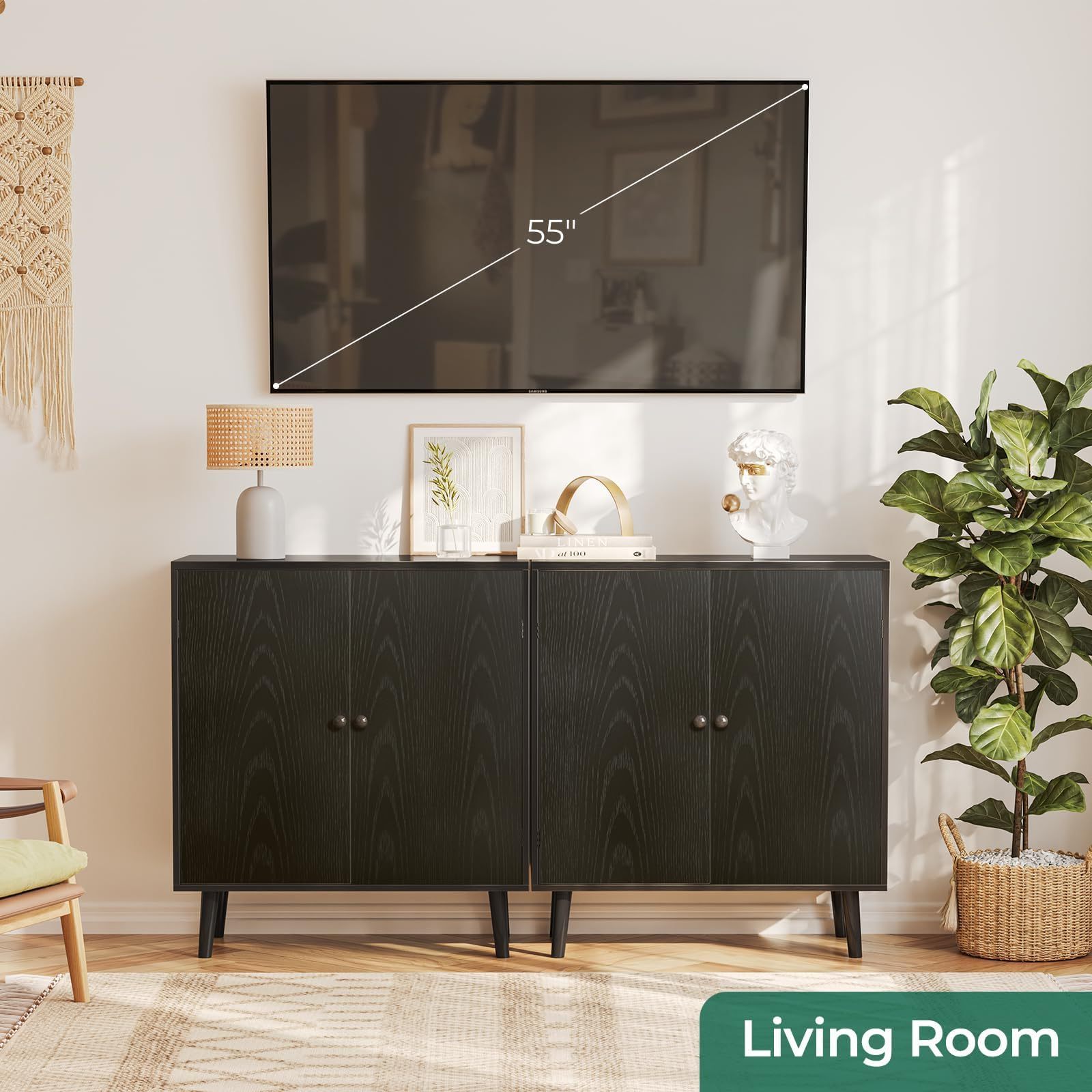 Buffet Storage Cabinet 2 Doors Kitchen Entryway Living Room Black Cabinet Solid Wood Feet Sideboard Accent Cabinet