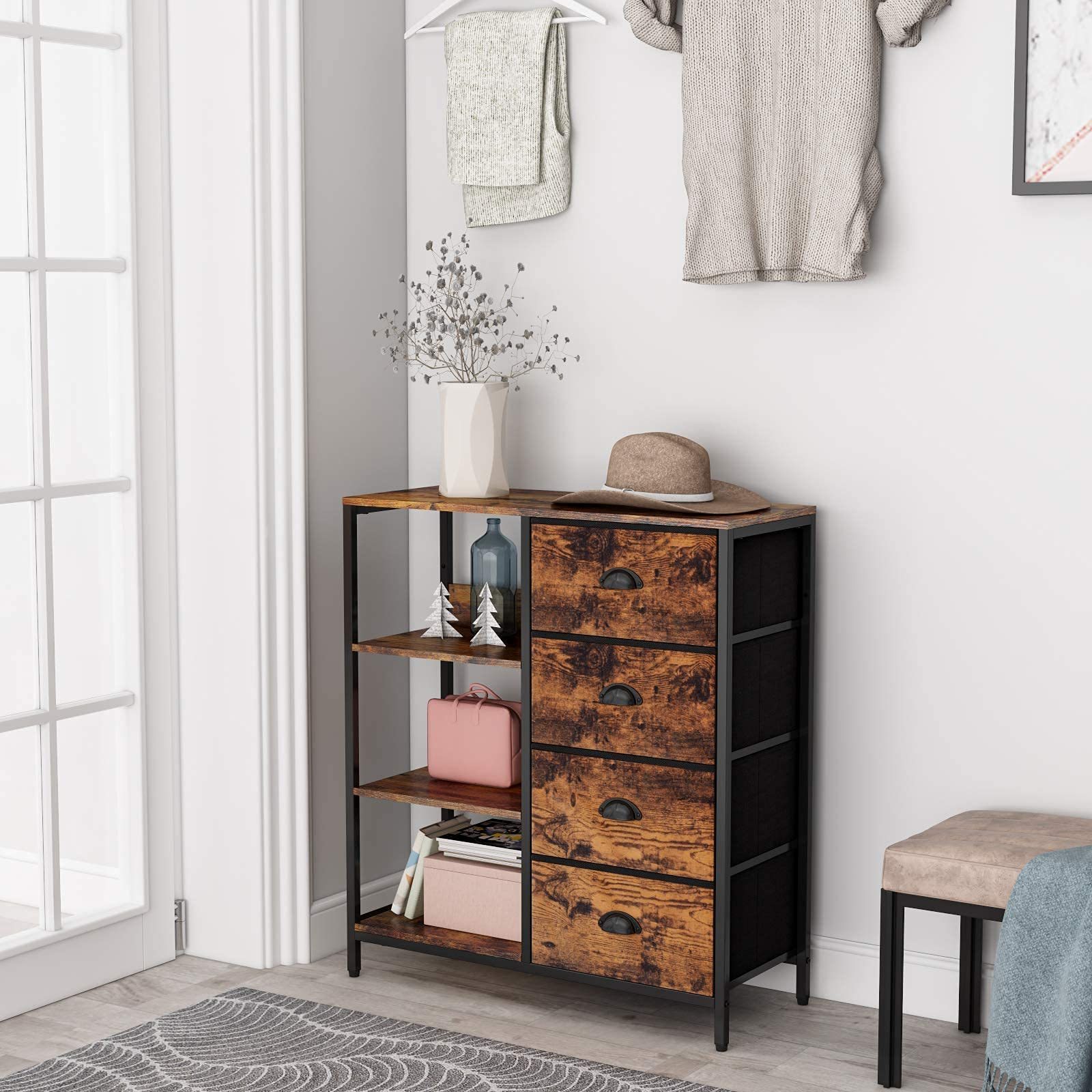 Industrial Fabric Dresser with 4 Drawers Side Shelf Lightweight Storage Unit Organizer for Entryway Bedroom Nightstand