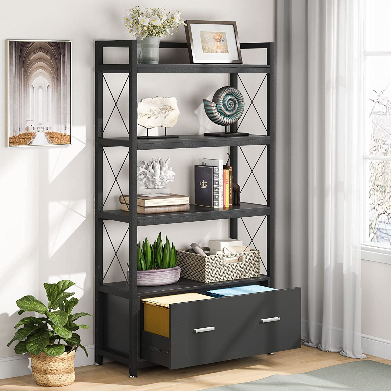 Modern Home Office Steel Wood Filing Cabinet with Open Storage Shelves Bookcase Living Room Kitchen Display Shelf