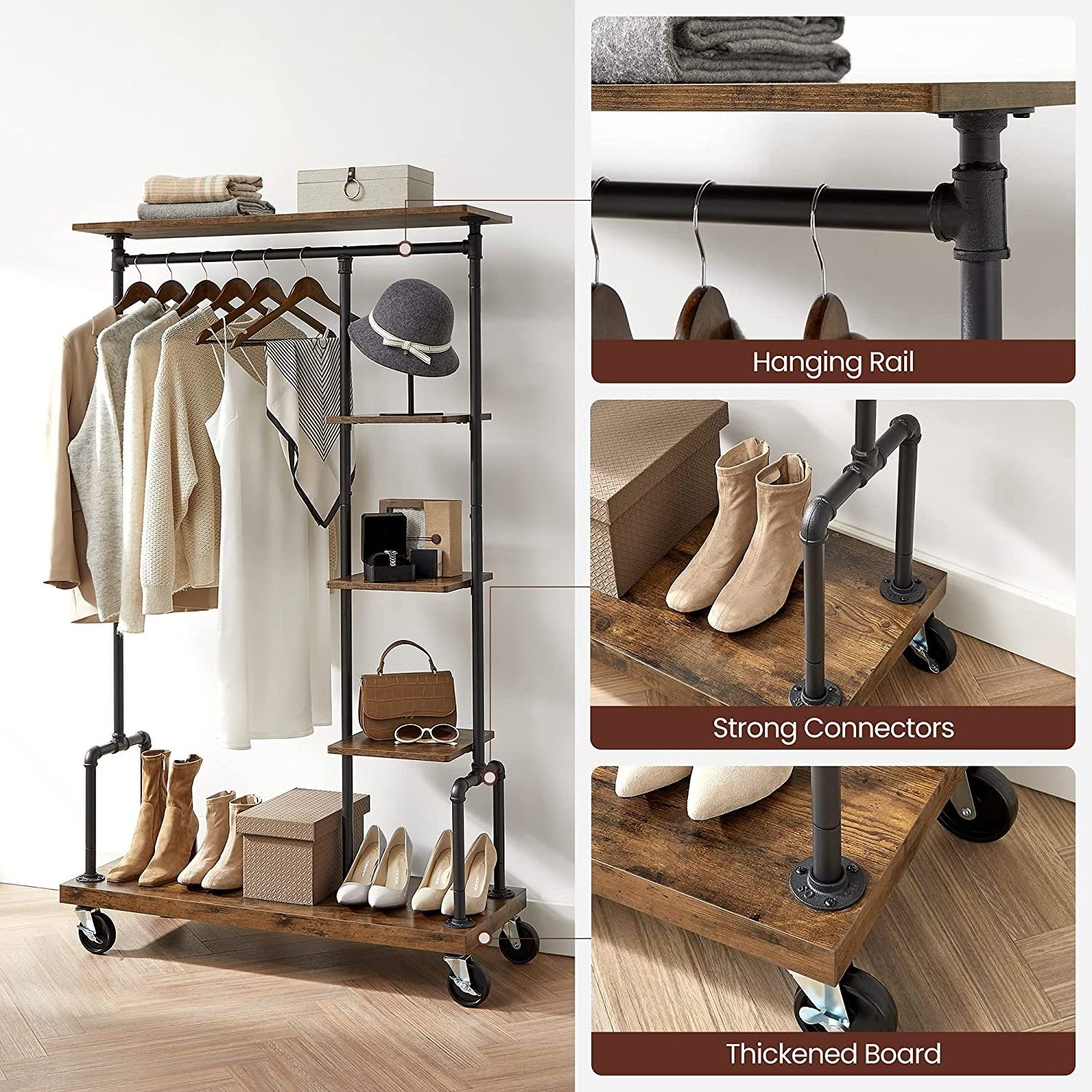 2-Tier Rolling Clothes Rack with 4 Coat Hooks Wheels on Shoes Entryway Garment Rack for Living Room Storage