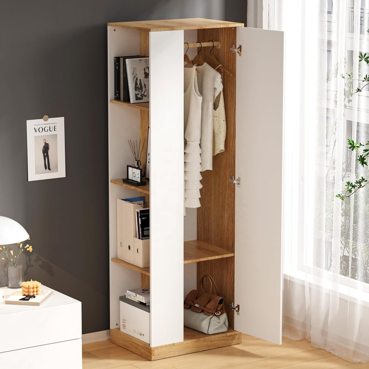 Modern Wardrobe Bedroom Armoire with Spacious and Versatile Efficient Storage White Floor Storage Cabinet with Hangers