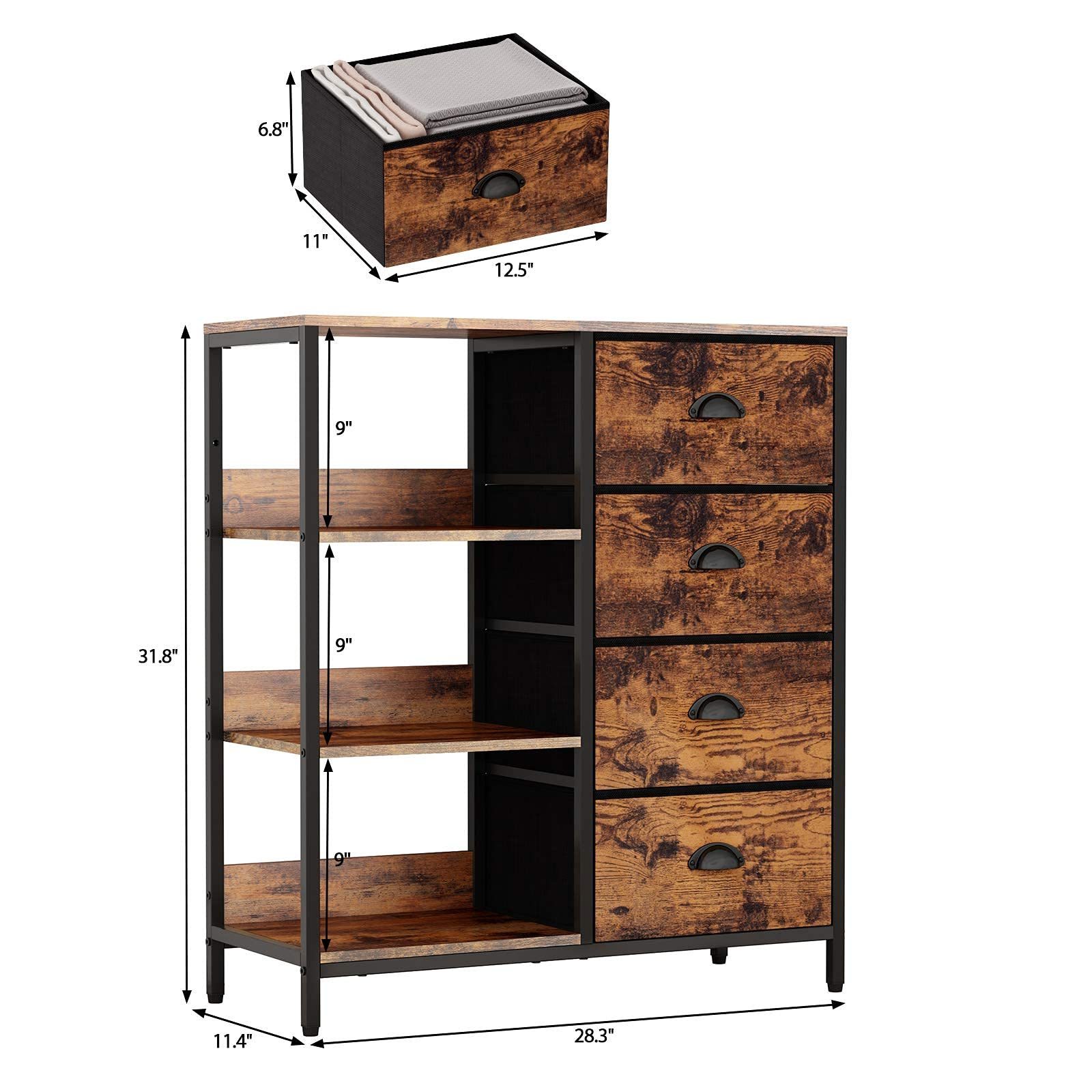 Industrial Fabric Dresser with 4 Drawers Side Shelf Lightweight Storage Unit Organizer for Entryway Bedroom Nightstand