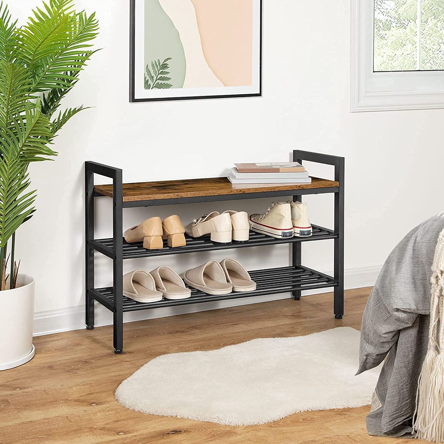 Manufacture High Quality Living Room Furniture Metal Shoe Rack With Wood Frame For Home Metal Storage Rack Shoe Holder