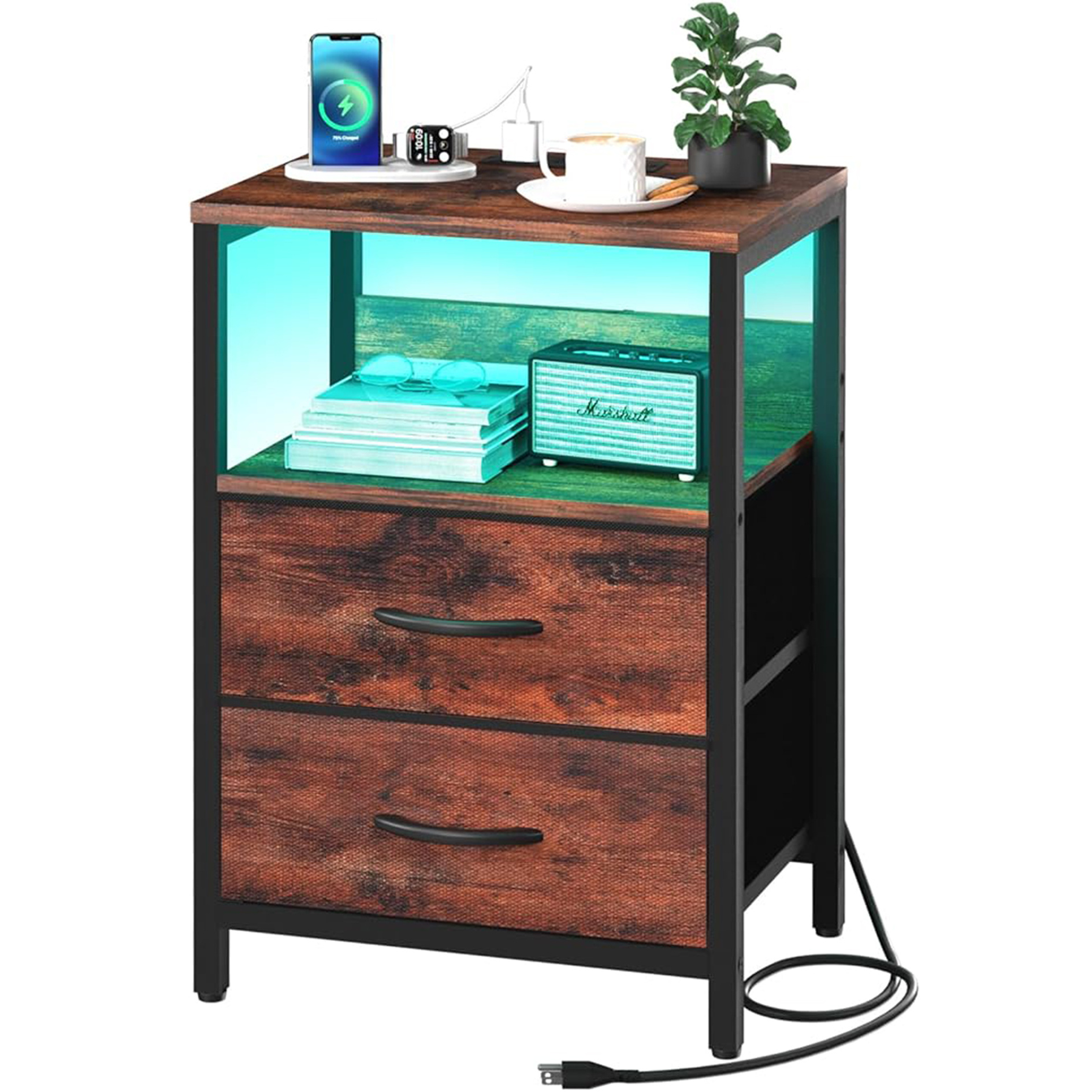 Wood bedroom Open Shelf Drawers Smart LED Nightstand with Charging Post with Fabric Drawers smart bedside table