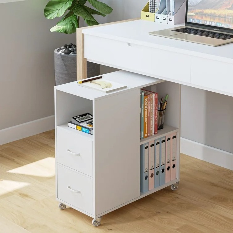 Narrow Rolling Mobile File Cabinet with Drawer Sideboards with Open Storage Shelves Home Office Furniture