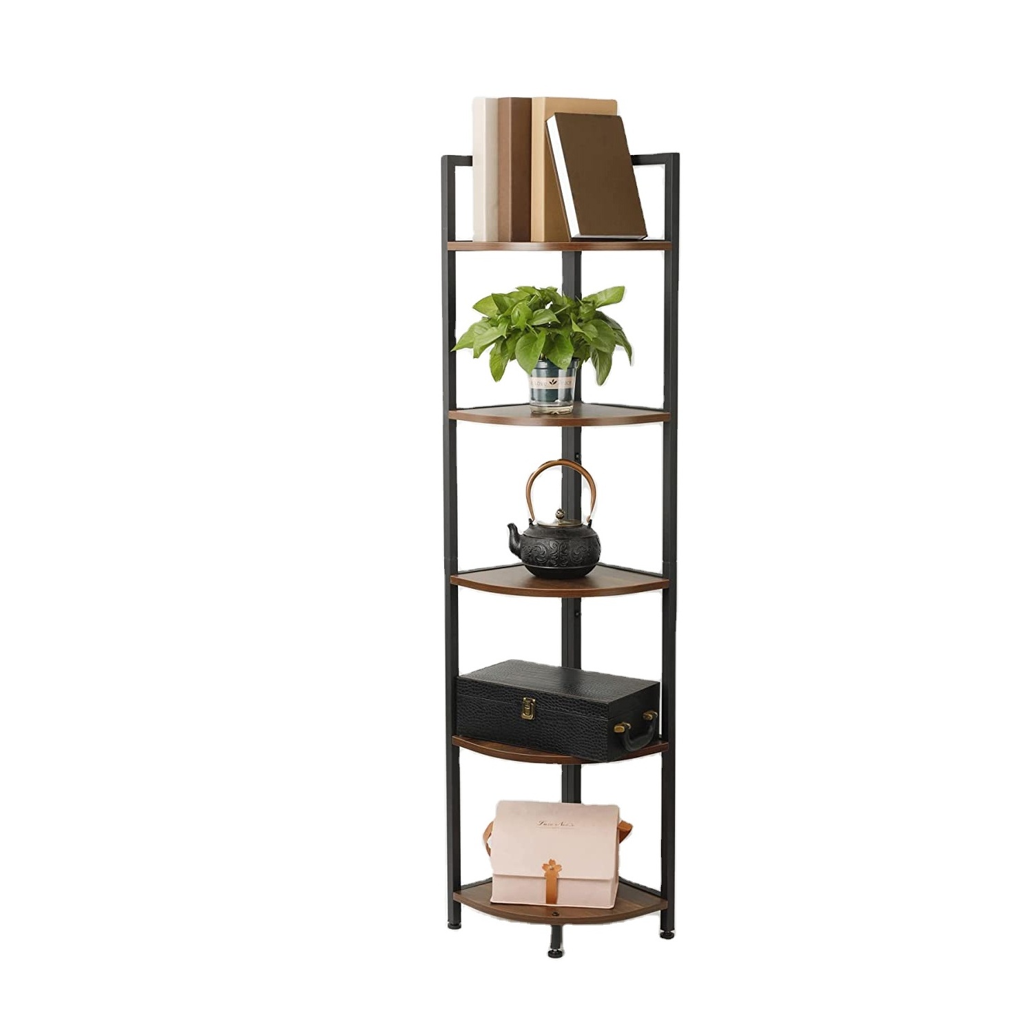 Modern Luxury Storage Wood 5 Tier Corner Bookshelf with Metal Frame Wooden Corner Display Rack for Plants & Flowers