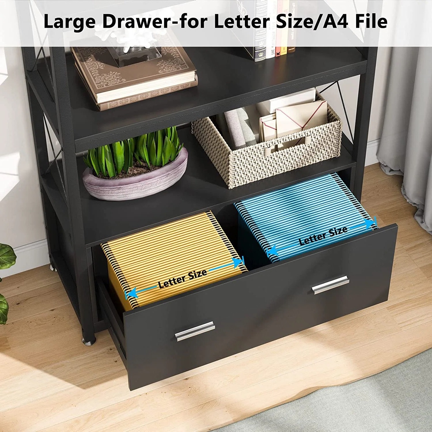 Modern Home Office Steel Wood Filing Cabinet with Open Storage Shelves Bookcase Living Room Kitchen Display Shelf