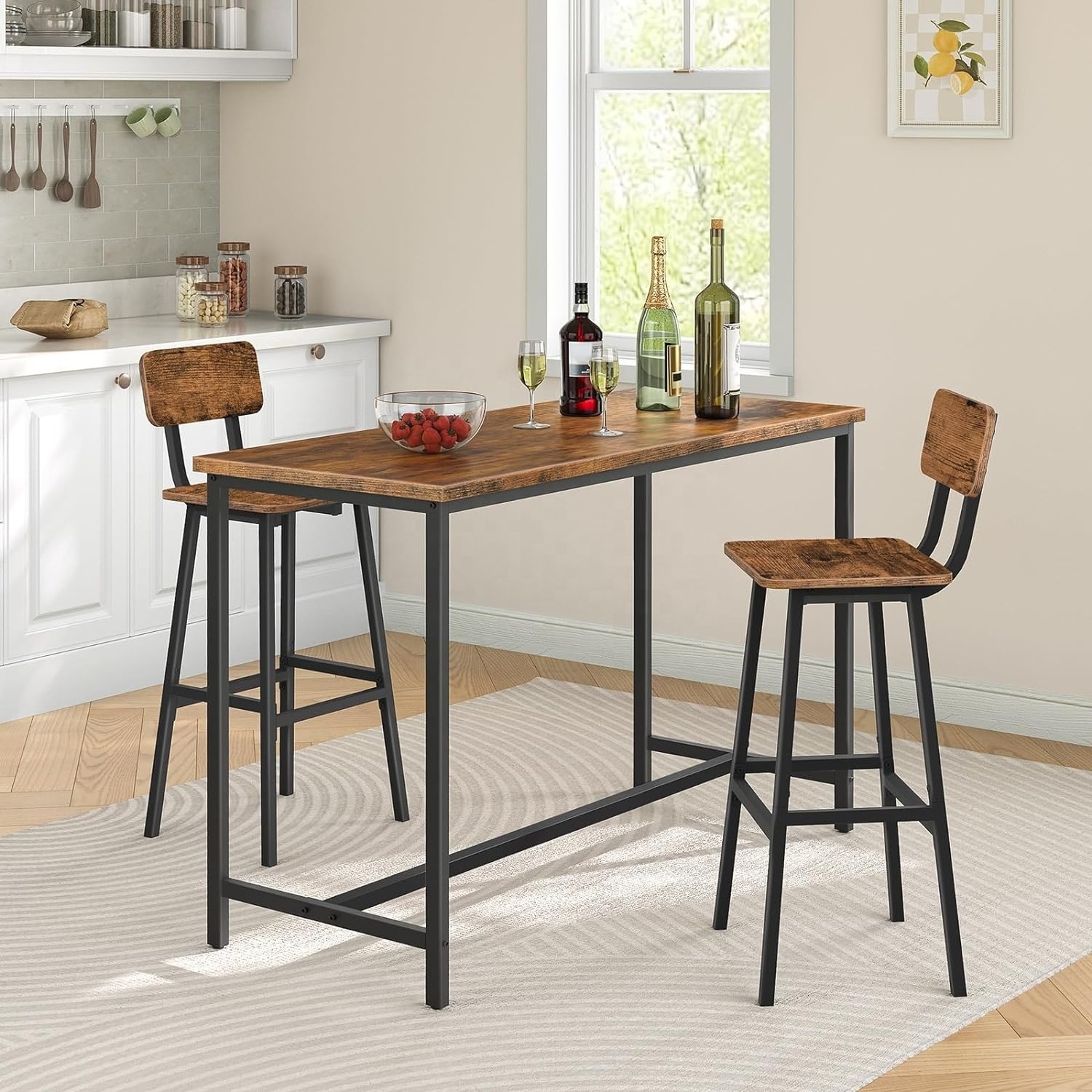 Industrial Style Bar Stools Barstool Set of 2 Bar Chair with Backrest Footrests Dining Room Kitchen Dinning Table Chairs