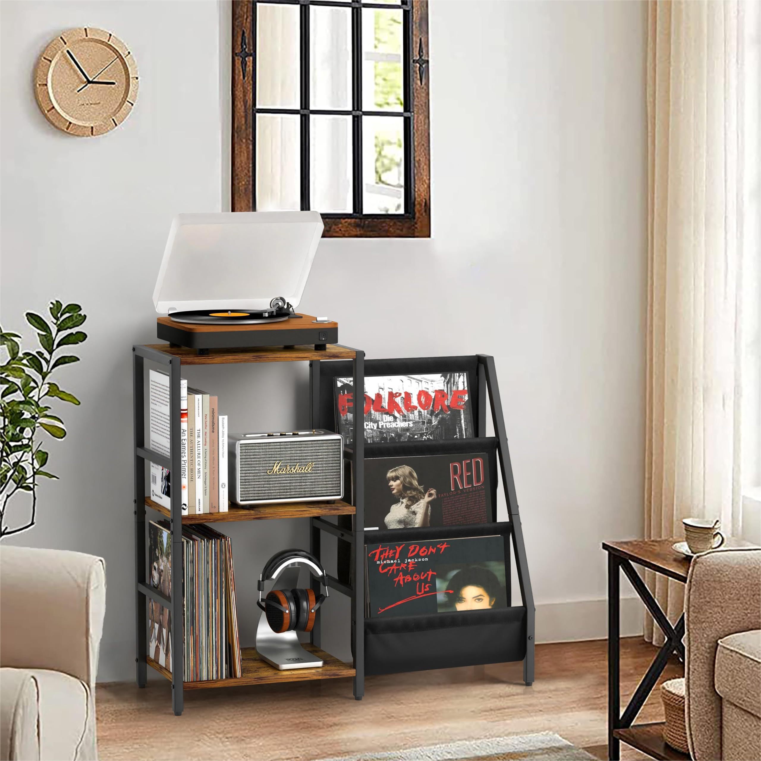 Rustic Home Living Room Furniture Steel Wood Vinyl Record Player Table Record Storage Shelf Magazine Racks Record Player Stand