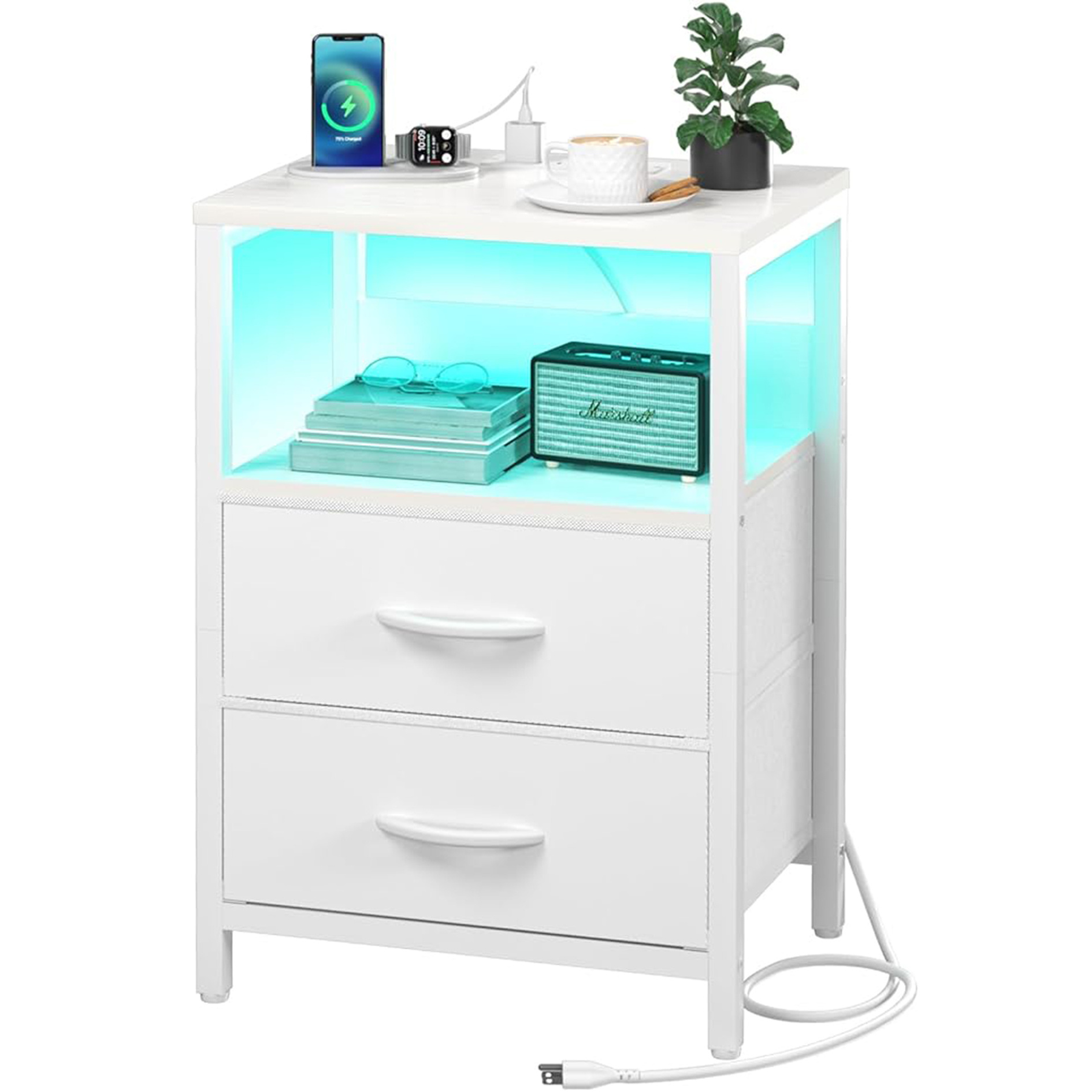 Wood bedroom Open Shelf Drawers Smart LED Nightstand with Charging Post with Fabric Drawers smart bedside table