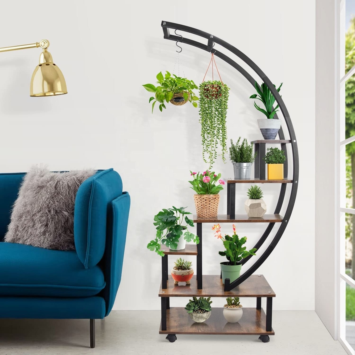 Half Moon Shaped Ladder Plant Shelf Living Room 2 pcs 6 Tier Tall Metal Indoor Plant Stands with Hanging Loop Plant Stand