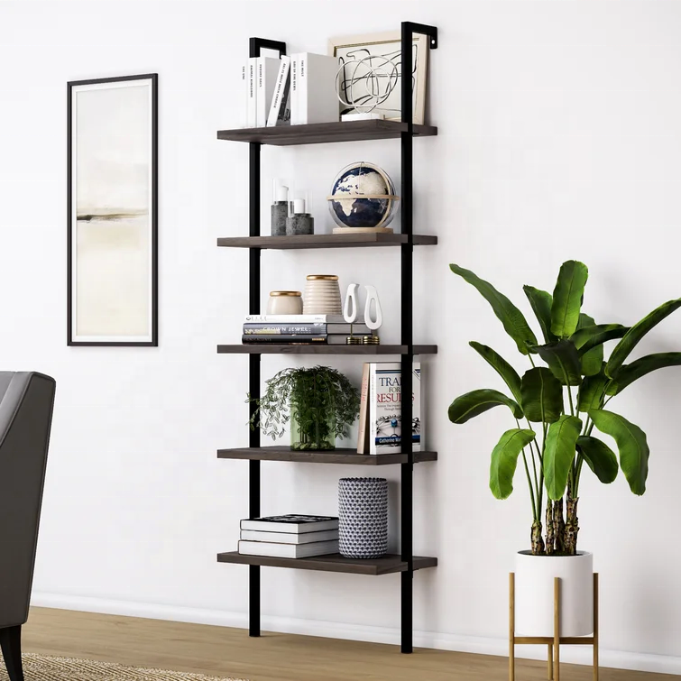 Hot selling modern 5-Shelf Oak Wood Modern Bookcase Open Wall Mount Ladder Bookshelf with Industrial Black Metal Frame