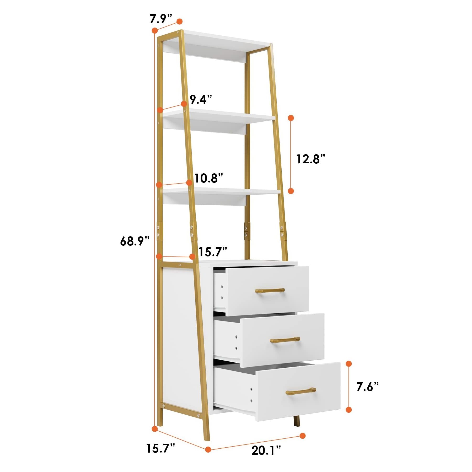 Modern Luxury 4 Tier Vertical Ladder Tall Bookshelf with Wooden Drawers Storage Display Cabinet for Living Room Entryway