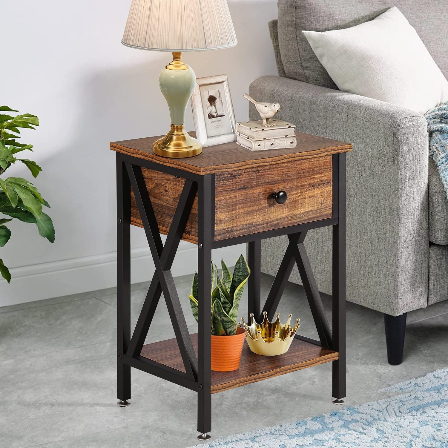 Modern Luxury Square Narrow Cube End Table Wood Metal Bed Side Table for Home & Hospital for Bedroom & Living Room