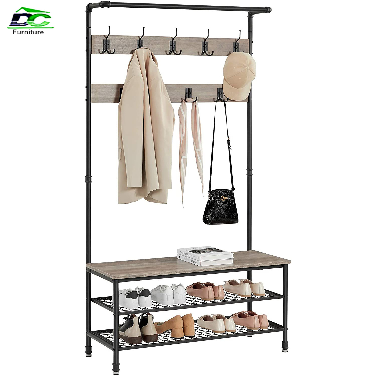 Multifunctional 3-Tier Metal Shoe Rack Stand Coat Hanger and Bench for Entryway Hall or Bathroom Use