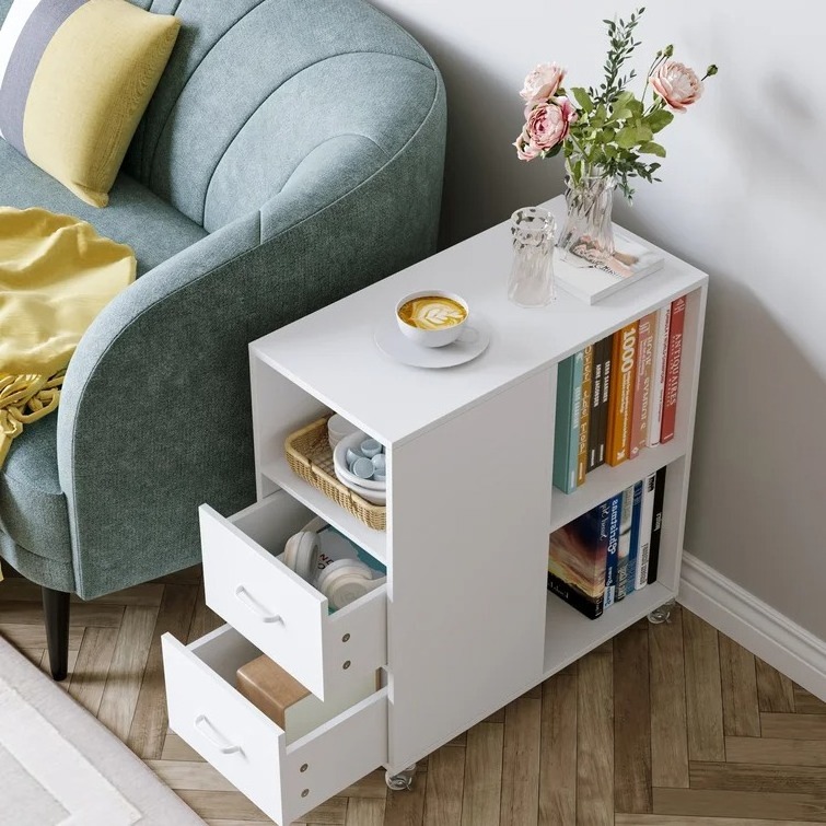 Narrow Rolling Mobile File Cabinet with Drawer Sideboards with Open Storage Shelves Home Office Furniture