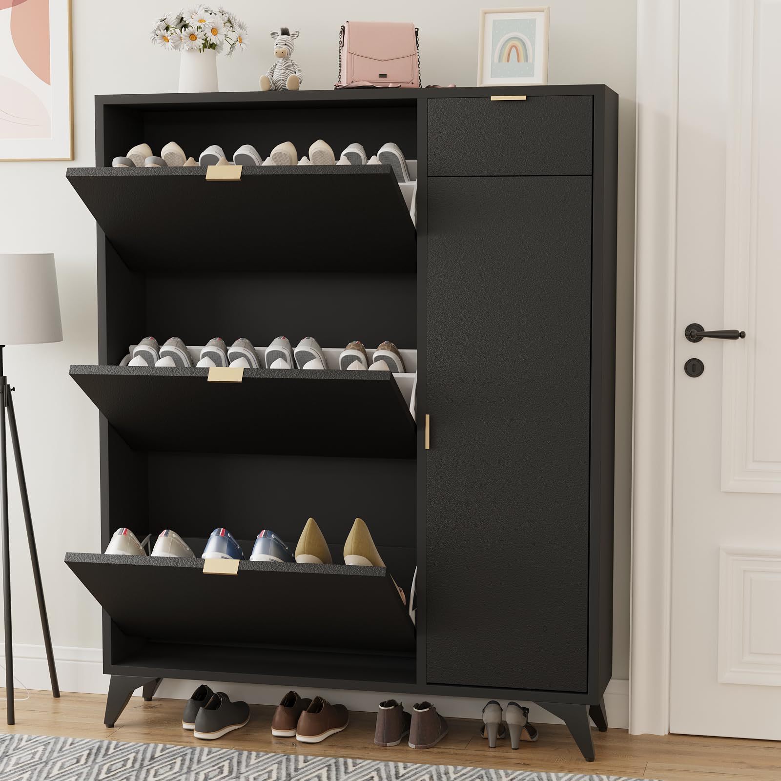 Slim Door Narrow Shoe Cabinet  Drawers and Boot Rack for Entryway Modern Freestanding Shoe Organizer Storage Cabinet