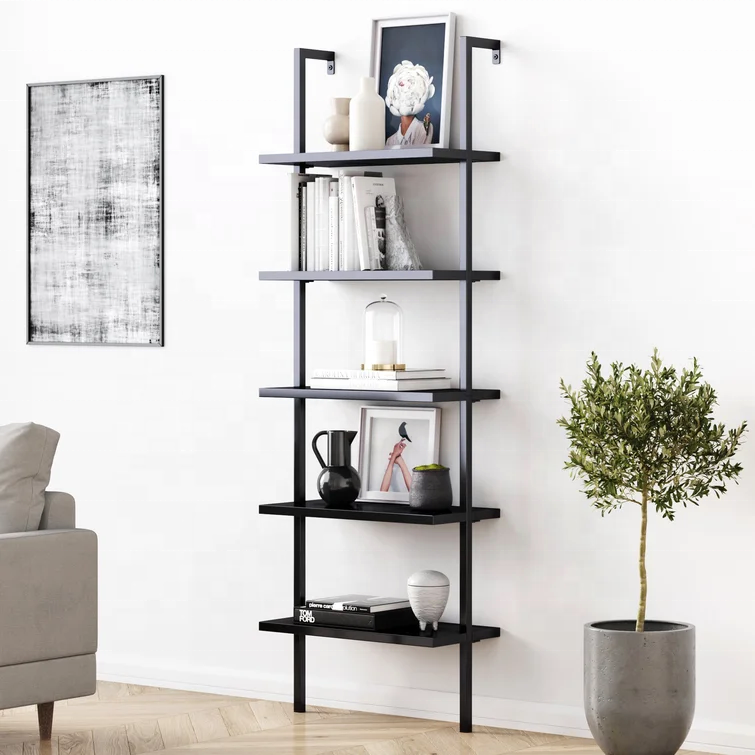 Hot selling modern 5-Shelf Oak Wood Modern Bookcase Open Wall Mount Ladder Bookshelf with Industrial Black Metal Frame