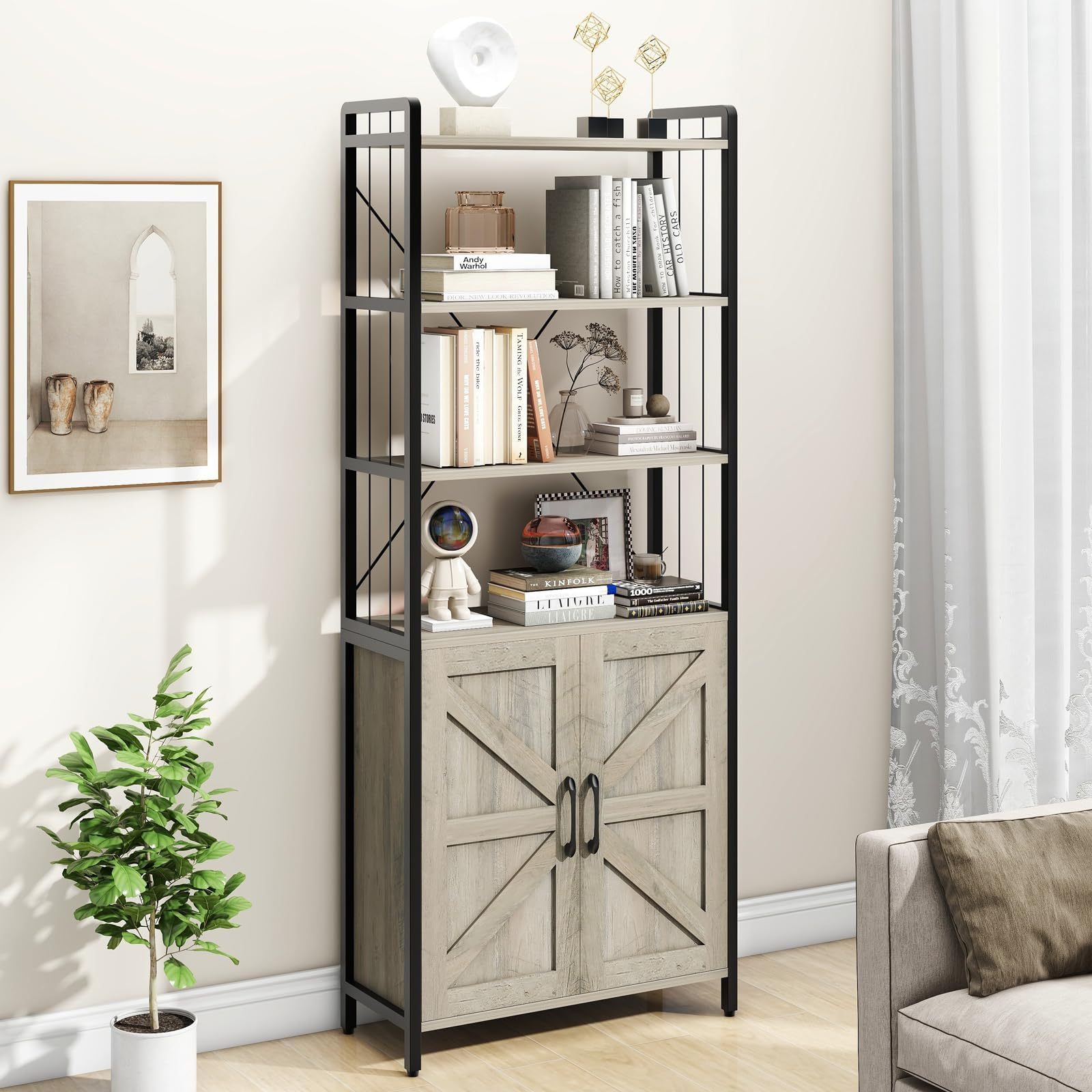 Factory Direct Gray Vertical 6 Tier Bookcase with Doors Organizer Display Shelf Storage Cabinet for Home Office Living Room